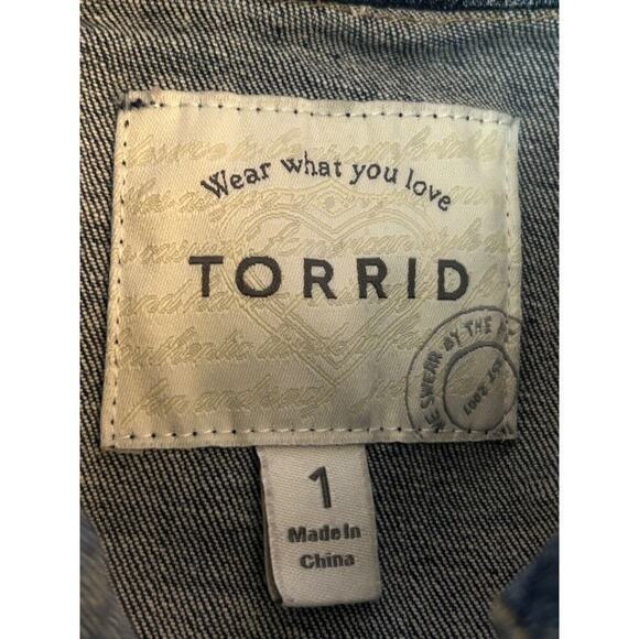 Torrid Jacket Size 1X Blue Denim Jean Medium Wash Crop Cropped Trucker Button Up - Picture 5 of 11